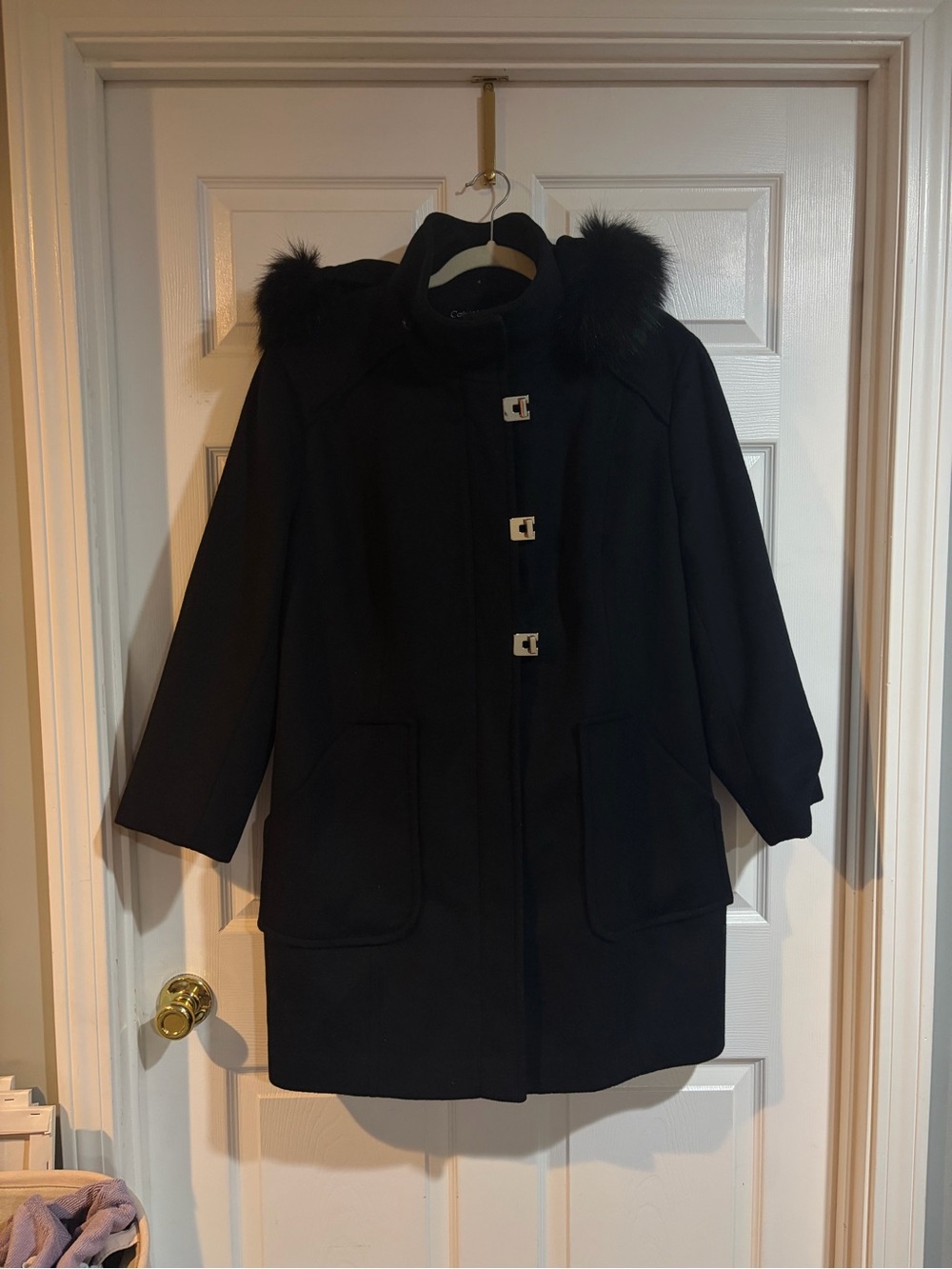 Calvin Klein Wool Blend Black Coat with Faux Fur Trim